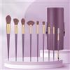 Generic Set di 9 pennelli da trucco viola con custodia rotonda, pennelli cosmetici professionali, kit completo di strumenti di bellezza per fondotinta, contorno, ombretto, fard e applicazione in polvere