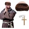 ATSNOSH Parrucca monaco per adulti, collana a croce, berretto calvo, parrucca medievale, costume accessori, per Halloween, carnevale, festa a tema, Cosplay (marrone)
