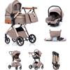 Kakbgee Passeggino 3 in 1 con Seggiolino Auto, Carrozzina Piegevole, 7-Altezza Regolabile, Sospensione 4 Ruote, Copripioggia e Zanzariera, Baby Stroller per Neonati 0-3 Anni (15kg), Cachi