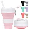 MORAINJAY 600ml Tazza Pieghevole Silicone,Rosa Tazza da Caffè Portatile con Coperchio e Cannuccia,Bicchiere Campeggio Viaggio,Sigillato,Riutilizzabile,Lavastoviglie(Pieghevole Fino a 7cm)