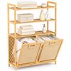 LIFEZEAL Mobile Portabiancheria Bagno in Bambù (80x30x110cm, 2 Scomparto) | Cesto Biancheria Sporca con 3 Ripaini Aperti, 2 Sacchetti Rimovibili in Tessuto, per Bagno e Lavanderia