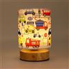 Wetry Lampada da Comodino Bambini, Ricaricabile, Regolabile, Motivo Auto | 3 Temperatura di Colore, Tattile, Base in Legno, Abat-jour Tessuto, Senza Cavo