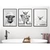 ZFTCN Set di 3 poster per il bagno, motivo: mucca delle Highland, immagini di soldi, oranghi e scimmie, stampe artistiche da parete in bianco e nero, senza cornice, poster 01, 3 pezzi, 20 x 30 cm