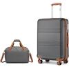KONO Set di 2 Valigie Trolley Medio 66cm Rigida e Leggera ABS+PC Valigia con 4 Ruote Rotanti e Lucchetto TSA & Borsa da Viaggio Ryanair 40x30x20, Grigio/Marrone