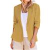 Generic Blazer da donna in cotone e lino, manica a 3/4, 1 bottone, risvolto | Cappotti eleganti eleganti da lavoro ufficio casual leggeri di base per uscire con tasche