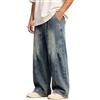 Generico Baggy Jeans Uomo Pantaloni Gamba Dritta Stile Streetwear Y2K Vintage Pantaloni Denim Patchwork Vita Elasticizzata con Tasche Laterali e Posteriori