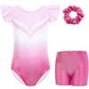 Gogokids Set da ginnastica da bambina, 3 pezzi, con maniche a sbuffo, con sfumature di colore, paillettes e design glitterato, il set include maglietta, pantaloncini e fascia per capelli, per 3-12