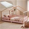 [en.casa] Letto a Casetta con Materasso 140x200 cm Rosa/Naturale | Barriera di Protezione, Letto Francese per Bambini, Struttura in Legno di Pino, Schiuma Fredda, Stile Montessori, Cameretta