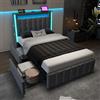 Huayz Letto imbottito, 90 x 200 cm, LED, singolo, con funzione di ricarica USB di tipo C e 2 cassetti, spazio di archiviazione, funzionale, schienale, telaio letto con rete a doghe in legno, lino, grigio