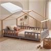 [en.casa] Letto a Casetta con Materasso 140x200 cm Grigio Chiaro/Naturale | Barriera di Protezione, Letto Francese per Bambini, Struttura in Legno di Pino, Schiuma Fredda, Stile Montessori, Cameretta