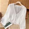Cardigan Camicia Donna In Cotone Lino Boho V-Neck In Tinta Unita Bianco