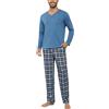 Bresdk Pigiama Uomo Cotone Lungo con Scollo a V e Quadri | Maglia Tinta Unita a Maniche Lunghe E Pantaloni con Elastico, Coulisse E Due Tasche Laterali