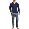 Bresdk Pigiama Uomo Cotone Lungo con Scollo a V e Quadri | Maglia Tinta Unita a Maniche Lunghe E Pantaloni con Elastico, Coulisse E Due Tasche Laterali