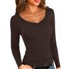 Aottori Maglia Donna Scollo a V Maniche Lunghe Marrone L | Termica Costine, Maglietta, Elegante Basic, Tops Tinta Unita, Sottogiacca Caldo Cotone Slim Fit