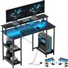 EasyComfort Scrivania per PC Reversibile con Prese Elettriche, Luci, Supporto Monitor e Scaffale, 120x50cm, Nero