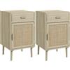 EasyComfort Set 2 Comodini per Camera da Letto con Cassetto e Anta in Rattan Stile Boho, Colore Legno