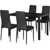 Easycomfort Set 5 Pezzi con 1 Tavolo e 4 Sedie per Cucina o Sala da Pranzo in Finta Pelle, Metallo e Vetro Temperato, Nero