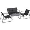 Easycomfort Set Tavolino con Panchina e 2 Sedie da Giardino, Arredamento da Esterno in Metallo e Texteline, Nero