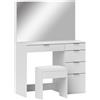 EasyComfort Set Tavolo da Trucco con Specchio e 5 Cassetti 97.2x44.5x136.5 cm e Sgabello Imbottito 40x24x46 cm, Bianco