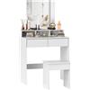 EasyComfort Tavolo da Trucco con Specchio, 3 Ripiani, 2 Cassetti e Sgabello, in Legno, 75x38x135 cm, Bianco