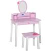 Easycomfort Toeletta per Bambine +3 Anni in Legno, Set Tavolo da Trucco Giocattolo con Specchio e Sgabello, Rosa