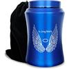 CHIEMOT, Grande urna funeraria per ceneri di adulti, fino a 99,7 kg, decorata con ali d'angelo e scritta "In Loving Memory", con sacchetto di velluto, blu
