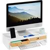 Relaxdays Supporto per Monitor, 2 Cassetti, Rialzo per PC, in bambù & MDF, HLP 11,5 x 47 x 18 cm, Bianco/Legno Naturale