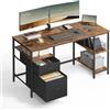 VASAGLE Scrivania per Computer, Tavolo da Ufficio, Scrivania con 3 Ripiani, 2 Cassetti, 60 x 140 x 76 cm, per Ufficio, Soggiorno, Stile Industriale, Marrone Vintage e Nero Opaco LWD104B01
