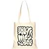 Handmade Borsa di Tela con Stampa Floreale, Manici Lunghi, Colore Naturale
