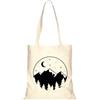 Handmade Borsa di tela con stampa di montagne, luna e stelle, manici lunghi, Naturale