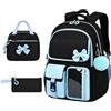 WANWEN Zaino Aesthetic Scuola Media Bambina, Set 3 Pezzi con Borsa Pranzo e Astuccio, Zainetto Carino Organizzato con Fiocco per Ragazze, Ergonomico Impermeabile (Blu)