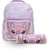 MUNTRADE Set Scolastico Angel 2 Pezzi | Zaino Lilla Con Tasca + Astuccio Rotondo | Zaino Con Tasca Frontale, Per Asilo, Scuola, Escursioni E Viaggi