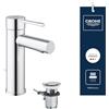 GROHE Essence Rubinetto Miscelatore Monocomando per Lavabo, Ecojoy, con Scarico a Saltarello, Bocca Fissa, Cromo, 32898001