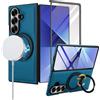 XKchatpt Custodia per Samsung Galaxy Z Fold 7 con Supporto Girevole a 360°, Protezione per lo Schermo in Vetro Temperato 9H, Pelle PU, Ricarica Wireless, Antiurto e Anticaduta, Blu