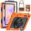 SEYMAC Cover per Samsung Galaxy Tab S10 Lite/S10 FE/S9 FE/S9, Arancione | Custodia Antiurto con Pellicola Protettiva, Supporto Girevole a 360° e Cinghia da Mano, Tracolla, Portapenne e Robusta