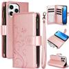 Generic Custodia a portafoglio in ecopelle PU con farfalla e fiori per iPhone 14/14 Pro/14 Pro Max/14 Plus, chiusura con cerniera, chiusura magnetica, cordino e slot per carte di credito (iPhone 14PLUS-oro