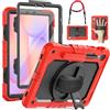 SEYMAC Cover per Samsung Galaxy Tab S10 Lite/S10 FE/S9 FE 10,9/S9, Rosso | Custodia Antiurto con Pellicola Protettiva, Supporto Girevole a 360° e Cinghia da Mano, Tracolla, Portapenne e Robusta