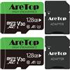 AreTop Scheda Micro SD da 128 GB, U3, 90 MB/s, confezione da 2 | U3 V30 per video 4K, 90 MB/s, include adattatore SD, compatibile tablet/drone/dash cam/camera/phone/Switch/PC
