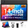 Generic Tablet 14 Pollici Android 15 con 36GB RAM+512GB ROM(TF 1TB), 4G Lte/5G WiFi, INCEL 1920 * 1200, 90Hz, 13MP+8MP, Octa-Core 2.0Ghz,11580mAh, Gemini AI, BT5.0, GMS, GPS, Tablet con Fondina, Nero