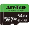 AreTop Scheda Micro SD da 64 GB, scheda SD in confezione da 1, SDXC, U3, V30, C10, UHS-I, scheda di memoria con adattatore per Tablet/Drone/Dash Cam/Camera/Phone/Nintendo-Switch/PC,Lettura massima 100
