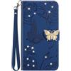 SLLMYYX Custodia a portafoglio per Samsung Galaxy A12 5G con 2 scomparti per schede, in pelle PU con strass, farfalla e fiore, con cavalletto, cinturino da polso - blu