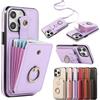 Generic Custodia a portafoglio per iPhone 16 e 17 Pro Max, con porta carte di credito, protezione con anello per le dita, antiurto (viola, iPhone 16 Pro Max)