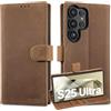 Lensun Cover in Pelle Vera per Samsung S25 Ultra- Marrone Scuro Retrò | Custodia in Vera Pelle [RFID Antifurto] Libro con Portafoglio Chiusura Magnetico Custodie Cuoio