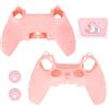 Generic Set di skin per controller rosa per PS5, custodia in silicone antiscivolo a forma di zampa di gatto per controller wireless PS5, custodia protettiva con impugnature per pollice e adesivo touchpad