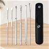 Generic Set di 6 plettri per orecchie in acciaio inox, custodia in pelle nera, kit per la rimozione del cerume con spazzola per la pulizia e custodia