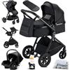 KAVELLIN Passeggino 3 in 1, passeggino Neonati Reversibile, Ruota Girevole a 360°, carrozzina per neonati 3 in 1, con Seggiolino Auto I-SIZE 40-75 cm, Passeggino Pieghevole, Nero