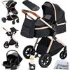 KAVELLIN Passeggino 3 in 1, passeggino Neonati Reversibile, Ruota Girevole a 360°,Carrozzina per neonati 3 in 1, con Seggiolino Auto I-SIZE 40-75 cm, Passeggino Pieghevole, Nero/Oro