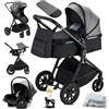 KAVELLIN Passeggino 3 in 1, passeggino Neonati Reversibile, Ruota Girevole a 360°, Carrozzina per neonati 3 in 1, con Seggiolino Auto I-SIZE 40-75 cm, Passeggino Pieghevole, Grigio