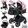 KAVELLIN Passeggino 3 in 1, passeggino Neonati Reversibile, Ruota Girevole a 360°, Carrozzina per neonati 3 in 1, con Seggiolino Auto I-SIZE 40-75 cm, Passeggino Pieghevole, Rosa