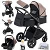 KAVELLIN Passeggino 3 in 1, passeggino Neonati Reversibile, Ruota Girevole a 360°, Carrozzina per neonati 3 in 1, con Seggiolino Auto I-SIZE 40-87 cm, Passeggino Pieghevole, Kaki